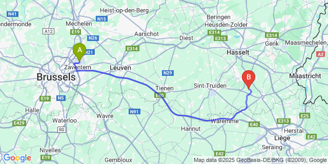 Map: Brussels Zaventem Airport (BRU) to Jesseren