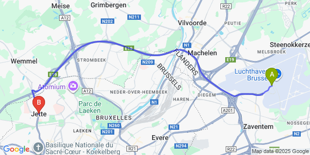Map: Brussels Zaventem Airport (BRU) to Jette