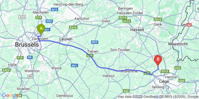 Map: Brussels Zaventem Airport (BRU) to Juprelle