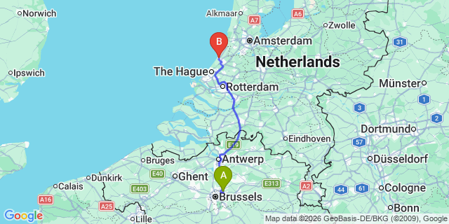 Map: Brussels Zaventem Airport (BRU) to Katwijk