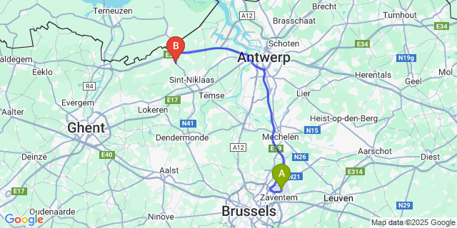 Map: Brussels Zaventem Airport (BRU) to Kemzeke