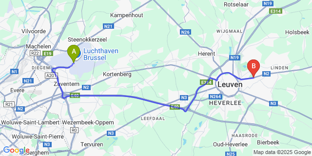 Map: Brussels Zaventem Airport (BRU) to Kessel-Lo (leuven)
