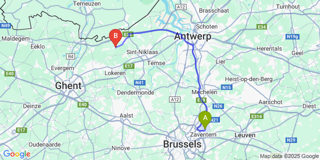 Map: Brussels Zaventem Airport (BRU) to Klein-Sinaai