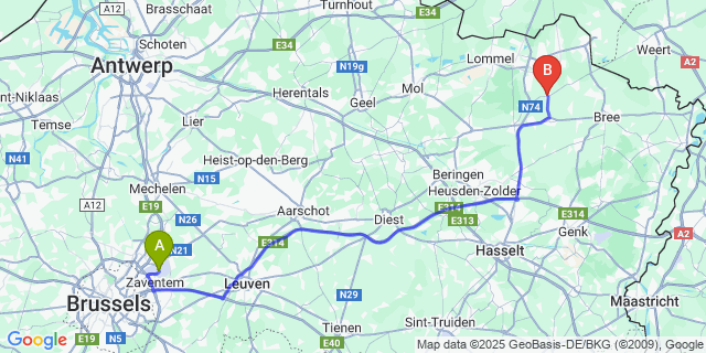 Map: Brussels Zaventem Airport (BRU) to Kleine-Brogel