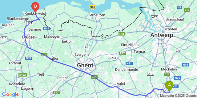 Map: Brussels Zaventem Airport (BRU) to Knokke-Heist