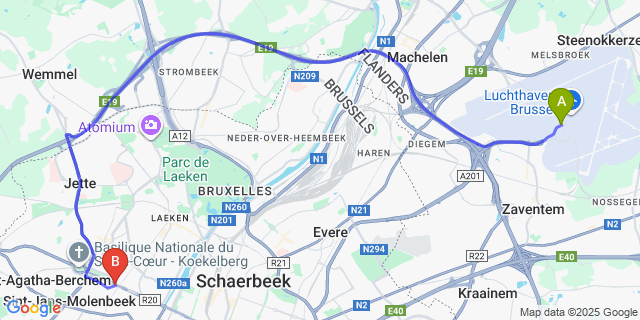 Map: Brussels Zaventem Airport (BRU) to Koekelberg