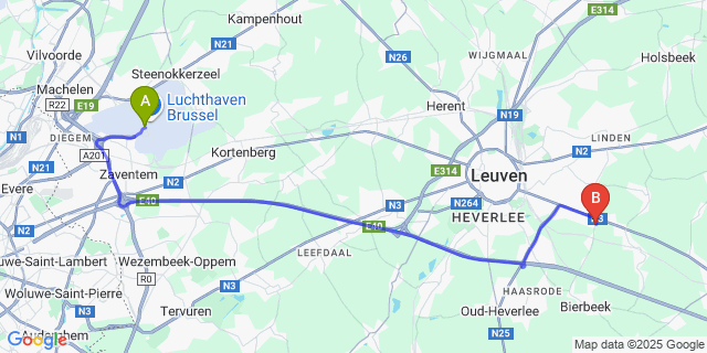 Map: Brussels Zaventem Airport (BRU) to Korbeek-Lo