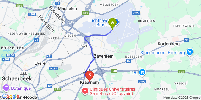 Map: Brussels Zaventem Airport (BRU) to Kraainem