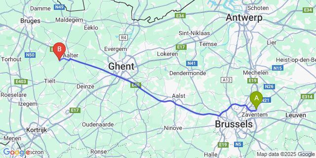 Map: Brussels Zaventem Airport (BRU) to Kruiskerke