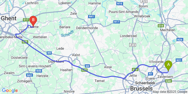 Map: Brussels Zaventem Airport (BRU) to Laarne