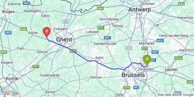 Map: Brussels Zaventem Airport (BRU) to Landegem