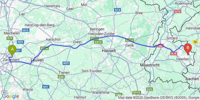 Map: Brussels Zaventem Airport (BRU) to Landgraaf