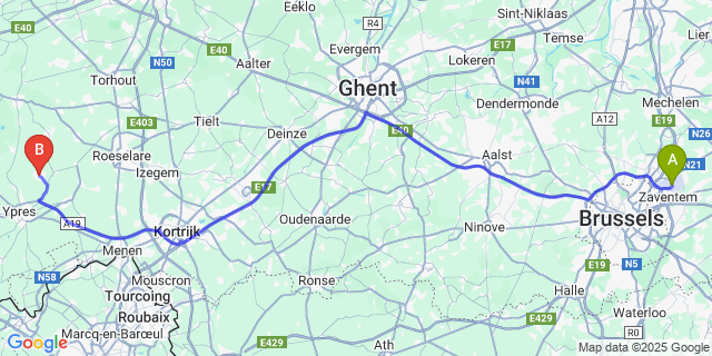 Map: Brussels Zaventem Airport (BRU) to Langemark-Poelkapelle