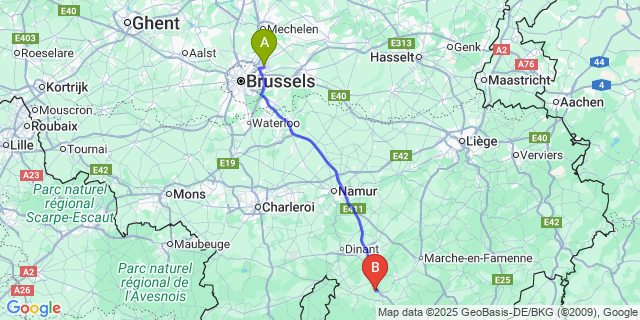 Map: Brussels Zaventem Airport (BRU) to Lavaux-Sainte-Anne