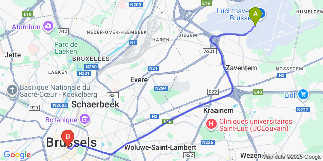 Map: Brussels Zaventem Airport (BRU) to Le Dixseptieme, Brussels