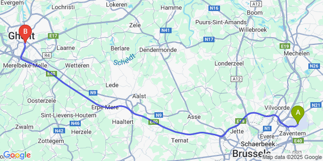 Map: Brussels Zaventem Airport (BRU) to Ledeberg