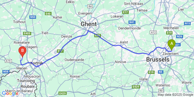 Map: Brussels Zaventem Airport (BRU) to Ledegem