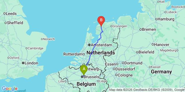 Map: Brussels Zaventem Airport (BRU) to Leeuwarden