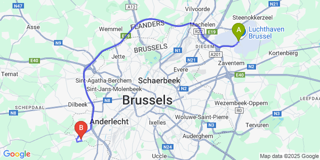 Map: Brussels Zaventem Airport (BRU) to Lennik Erasme