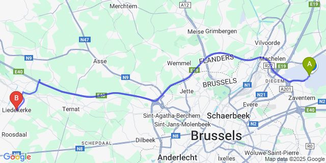 Map: Brussels Zaventem Airport (BRU) to Liedekerke