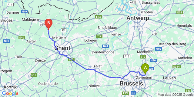 Map: Brussels Zaventem Airport (BRU) to Lievegem