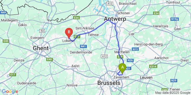 Map: Brussels Zaventem Airport (BRU) to Lokeren