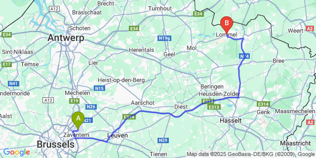 Map: Brussels Zaventem Airport (BRU) to Lommel