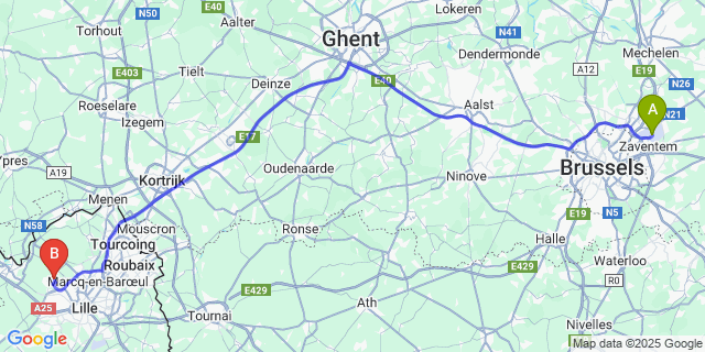 Map: Brussels Zaventem Airport (BRU) to Lompret