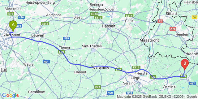Map: Brussels Zaventem Airport (BRU) to Lontzen