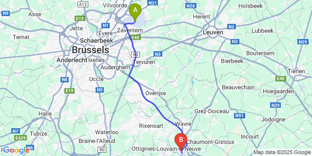 Map: Brussels Zaventem Airport (BRU) to Louvain-la-Neuve