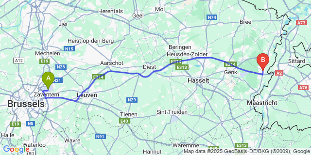 Map: Brussels Zaventem Airport (BRU) to Maasmechelen