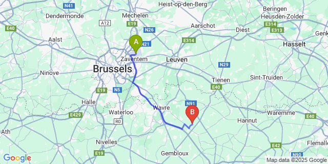 Map: Brussels Zaventem Airport (BRU) to Maleves-Sainte-Marie-Wastines