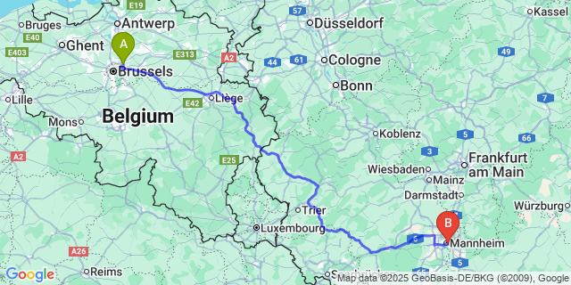 Map: Brussels Zaventem Airport (BRU) to Mannheimer Rosengarten, Brussels