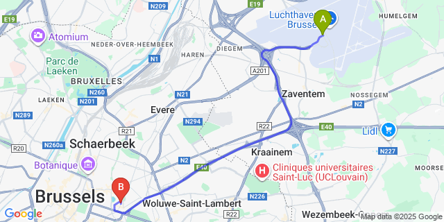 Map: Brussels Zaventem Airport (BRU) to Martin’s Brussels EU