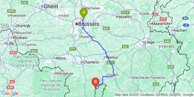 Map: Brussels Zaventem Airport (BRU) to Mazée
