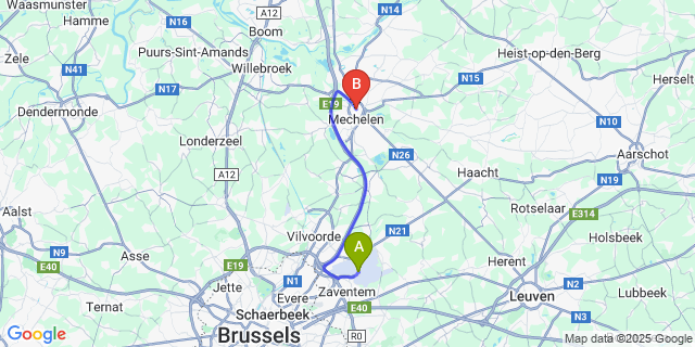 Map: Brussels Zaventem Airport (BRU) to Mechelen
