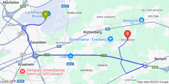Map: Brussels Zaventem Airport (BRU) to Meerbeek