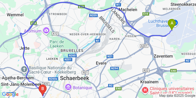 Map: Brussels Zaventem Airport (BRU) to MEININGER Hotel Bruxelles City Center, Brussels