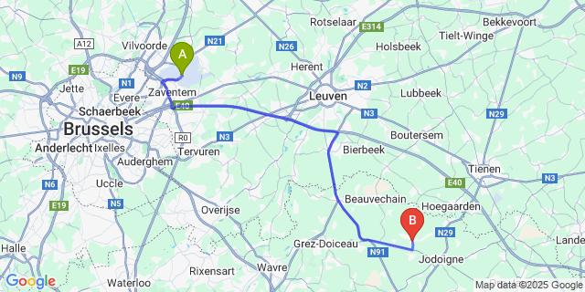 Map: Brussels Zaventem Airport (BRU) to Melin