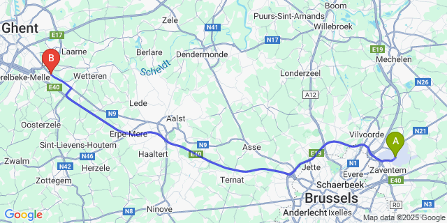 Map: Brussels Zaventem Airport (BRU) to Melles
