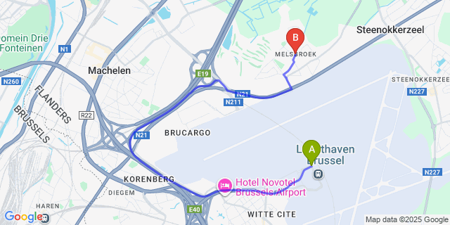 Map: Brussels Zaventem Airport (BRU) to Melsbroek