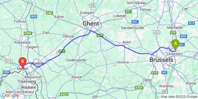 Map: Brussels Zaventem Airport (BRU) to Menen