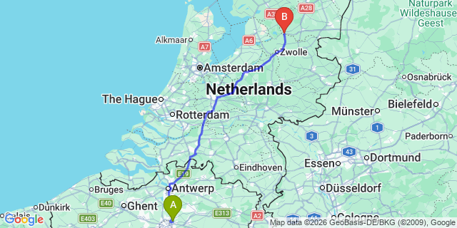 Map: Brussels Zaventem Airport (BRU) to Meppel