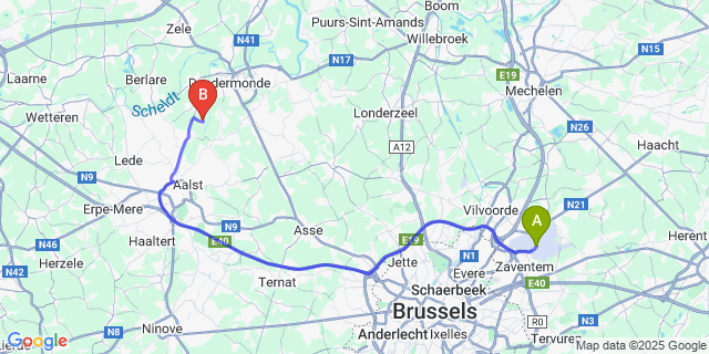 Map: Brussels Zaventem Airport (BRU) to Mespelare