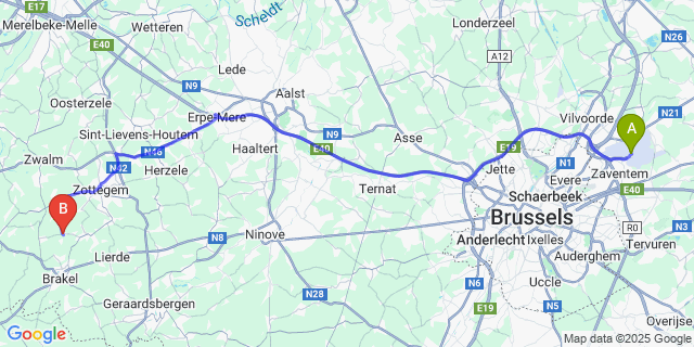 Map: Brussels Zaventem Airport (BRU) to Michelbeke