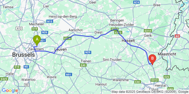 Map: Brussels Zaventem Airport (BRU) to Millen