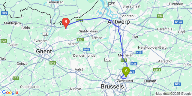 Map: Brussels Zaventem Airport (BRU) to Moerbeke
