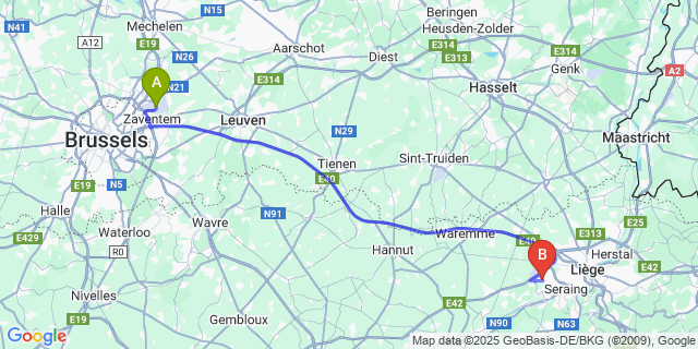 Map: Brussels Zaventem Airport (BRU) to Mons-lez-Liège