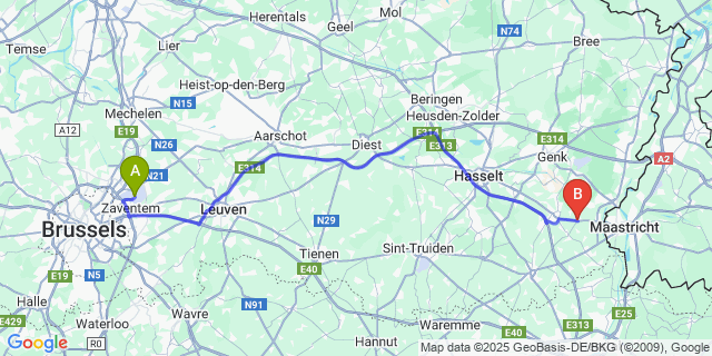 Map: Brussels Zaventem Airport (BRU) to Mopertingen