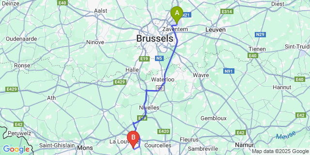 Map: Brussels Zaventem Airport (BRU) to Morlanwelz-Mariemont